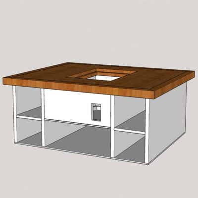 3D rendering of a rectangular table based on Homemade Table Saw Plans. The wooden top has a central square cutout suitable for mounting a saw. The white base includes four open storage compartments and a small rectangular slot on the front panel, designed for practical use in DIY woodworking projects.
