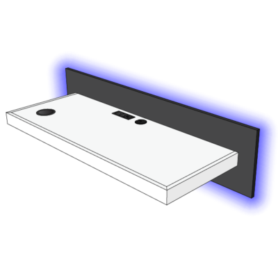 Wall Mounted Dream Desk (PDF Plan) showing a rectangular white floating shelf attached to a dark back panel, with blue LED lighting along the panel. The design includes two circular cable management cutouts and a centered rectangular control or display unit.
