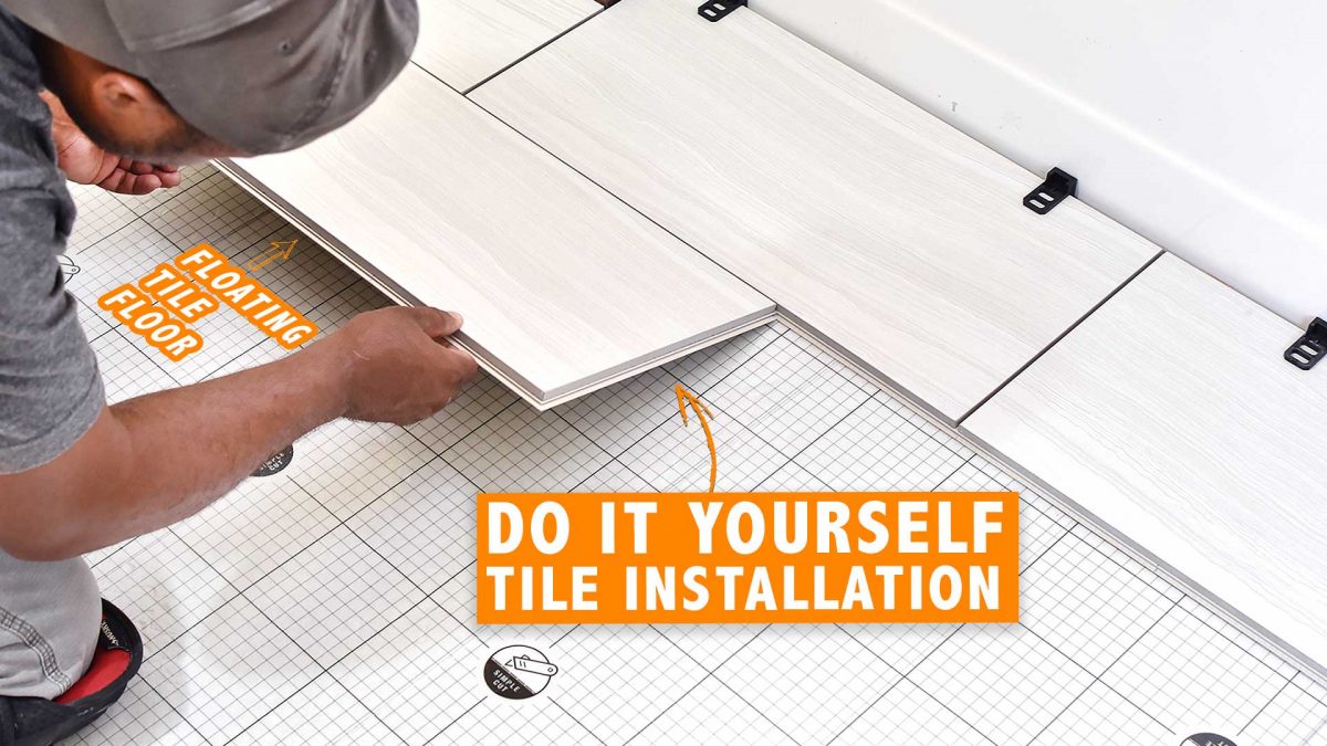 A person installs QuicTile rectangular tiles on a grid-patterned floor. The image features the text “Floating Tile Floor” and “Do It Yourself Tile Installation” in bold orange and white letters. Clips hold the tiles along the wall, showing a step in securing QuicTile during installation.