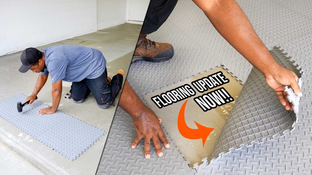A person is installing interlocking gray floor tiles in a garage. One hand lifts a tile to show the concrete subfloor underneath. The image includes the text “Flooring Update Now!!” and an arrow highlighting the lifted tile.